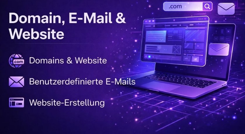 Domain, E-Mail & Website – Domains & Website, benutzerdefinierte E-Mail-Adressen und Website-Erstellung.