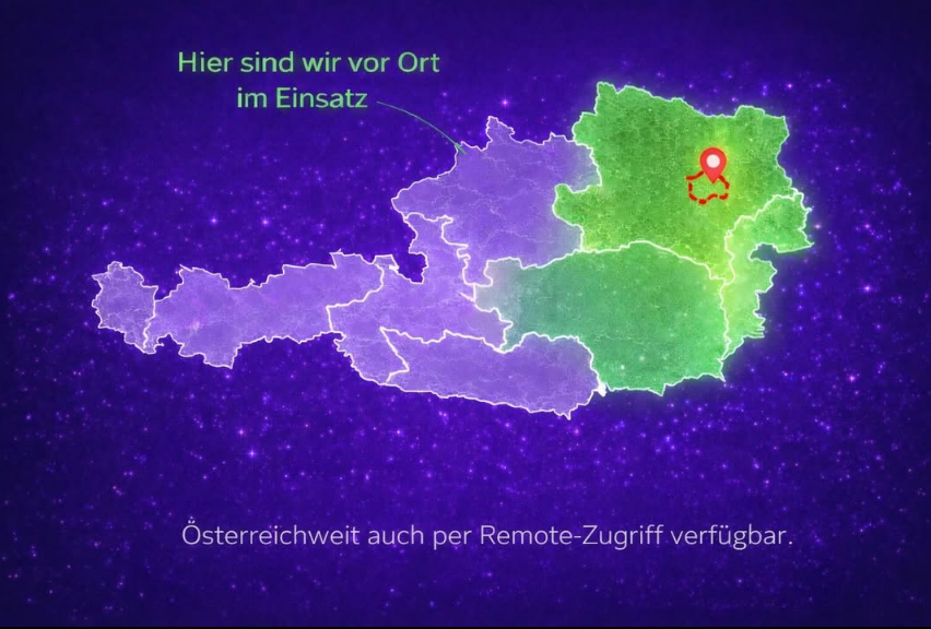 Karte von Österreich: Wien & Umgebung grün als Vor-Ort-Service hervorgehoben, restliches Österreich violett – österreichweit per Remote-Zugriff verfügbar.
