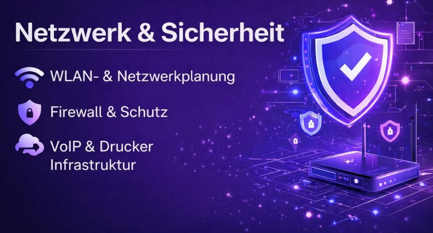 Netzwerk & Sicherheit – WLAN- & Netzwerkplanung, Firewall & Schutz, VoIP & Drucker-Infrastruktur.